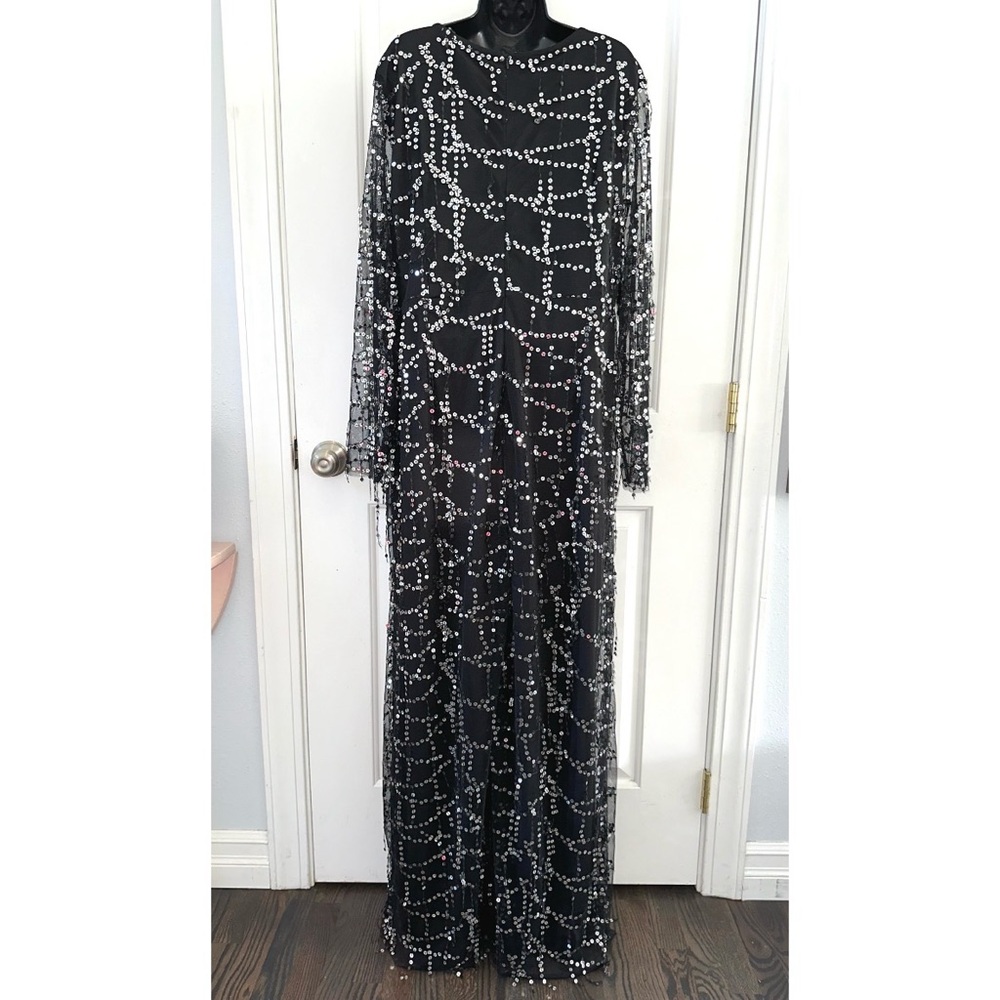 Southern Fried Chics Black Sequin Maxi dress with Mesh Sleeves - Picture 7 of 8